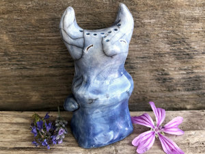 Moon fox kitsune shaman kami spirit raku sculpture | Shinto kamidana shrine statue Inari Okami | shamanism, protection, guardian, rewilding