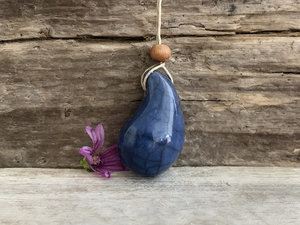 Calming worry pendant w/ sandalwood (blue) in raku ceramic | adjustable eco flax cord | stress talisman, fidget, sensory jewellery