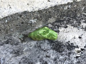 Small ceramic sculpture of an old green hill spirit. Lovely for Shinto kamidana, shamanism, nature table, pagan altar, earth healing, rewilding.