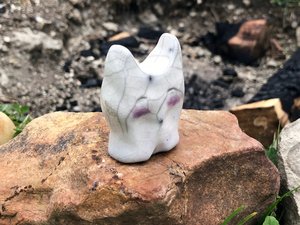Raku ceramic elemental winter and snow kami spirit guide sculpture. She is glazed in white with a sweet face and pink cheeks. Lovely for Shinto shrine, nature table, or shamanism.