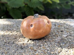 Raku ceramic orange pumpkin nature spirit kami sculpture for autumn, fall, Hallowe'en, and Samhain. Lovely statue for seasonal decorations, nature table, or pagan altar.