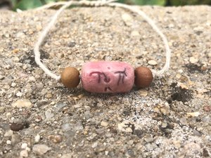 Jizo pink bead raku talisman bracelet with sandalwood and adjustable eco hemp | Shinto Buddhist jewellery, protection, anxiety, grief, loss