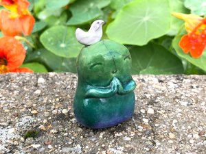 Happy Jizo peace hug with bird 3 | Buddha raku ceramic Shinto kamidana shrine statue | protection, anxiety, grief, self-love