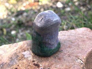 Green and violet ceramic raku sculpture of an elemental nature spirit of life and earth. It looks very sweet, like a little animal, and would be lovely for a Shinto kamidana or shamanism.