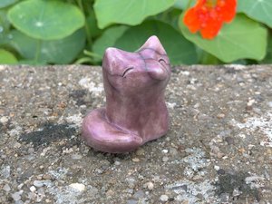 Raku ceramic sweet and joyful Shinto Inari kitsune fox kami spirit sculpture glazed in lilac. Lovely statue for kamidana shrine or shamanism.