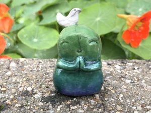 Shinto Jizo nature spirit guardian ceramic statue glazed in blue and green with a happy, smiley face and a sweet white bird on his head. Lovely for a kamidana shrine. Jizo is known for protection, hope, and help with fertility and anxiety.