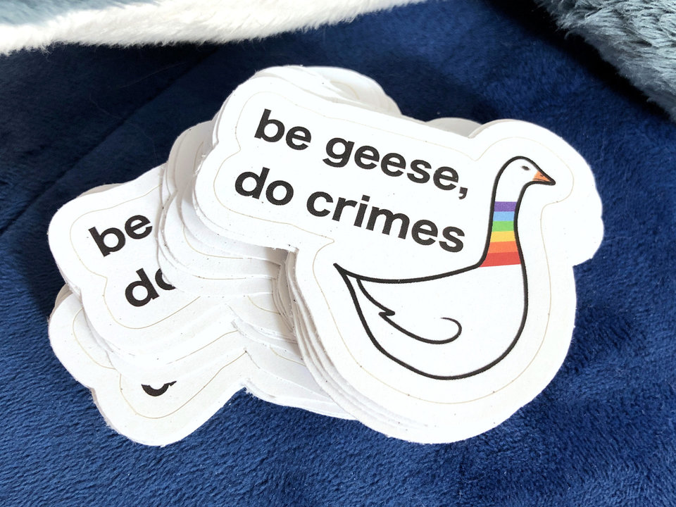 be geese, do crimes sticker | recycled paper, plastic free, rainbow goose