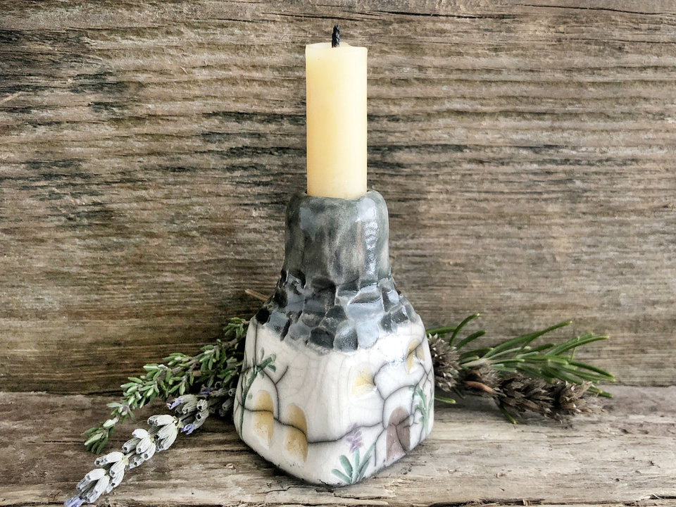 Lavender cottage sculpture, candlestick spirit & fairie house | cosy decor