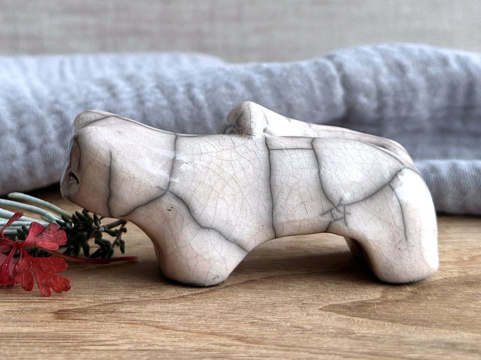 Gentle kitsune fox kami nature spirit raku statue | Shinto shamanism sculpture