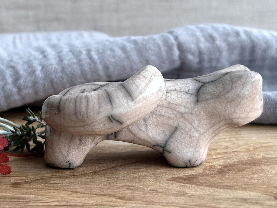 Gentle kitsune fox kami nature spirit raku statue | Shinto shamanism sculpture