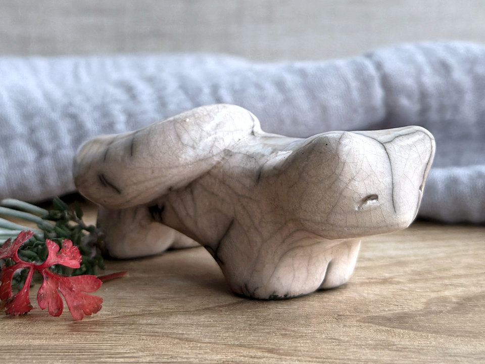 Gentle kitsune fox kami nature spirit raku statue | Shinto shamanism sculpture