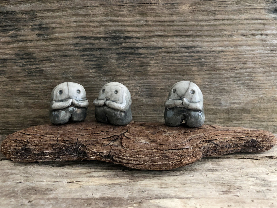 Three kodama forest spirits on driftwood | Shinto kamidana raku sculpture, Shamanism, pagan | rewilding, protection, guardian, kawaii