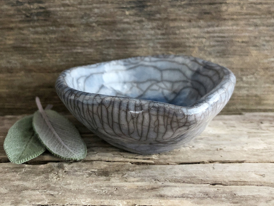 Small raku offering bowl in blue and grey for prayer, shrine, altar, ceremony, wishing, intention | Shinto shrine, shamanism, pagan altar magic