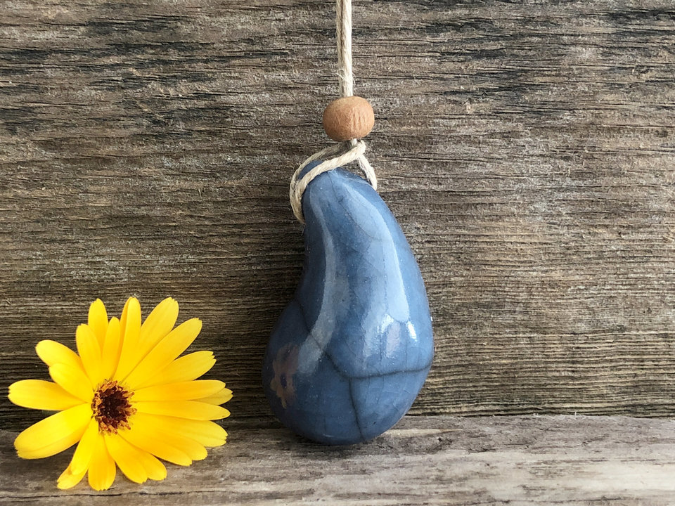Calming worry pendant w/ sandalwood (blue) in raku ceramic | adjustable eco flax cord | stress talisman, fidget, sensory jewellery