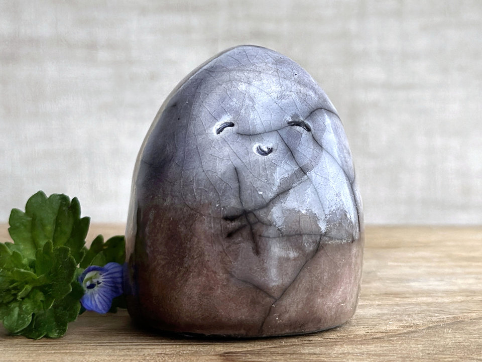 Quiet winter gnome spirit raku sculpture | Shinto shrine, shamanism guardian