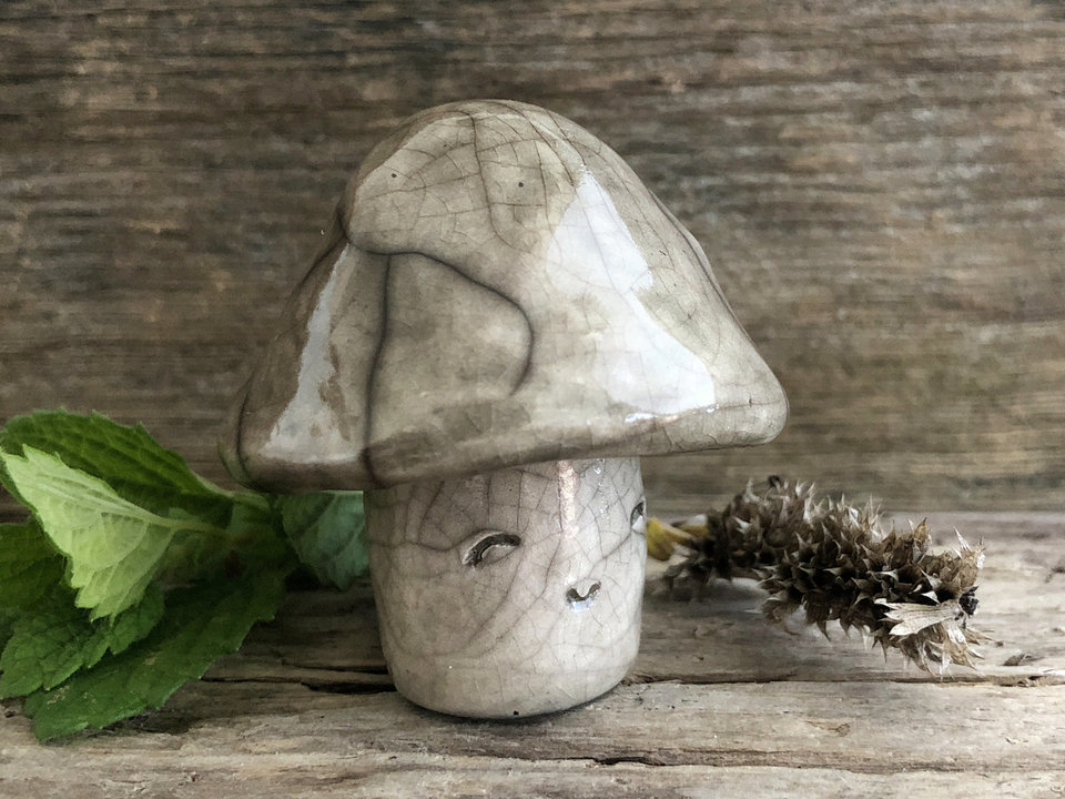 Happy mushroom kami nature spirit | autumn fall goblincore gnomecore raku sculpture decoration | pagan altar, nature table, Shinto shrine