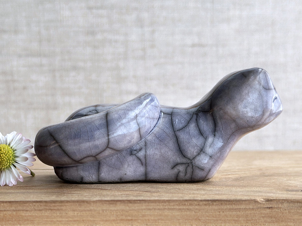 Quiet winter kitsune fox kami nature spirit raku statue | Shinto shamanism sculpture