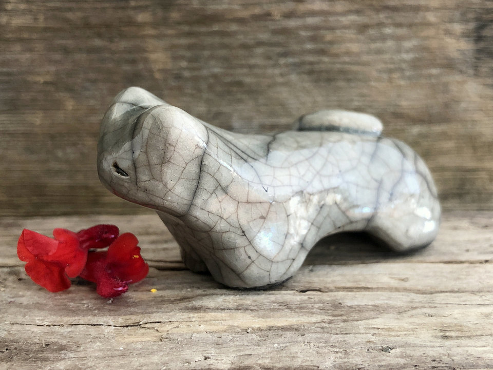 Sweet grey cat kami raku sculpture | Shinto kamidana shrine statue, shamanism, paganism | protector, guardian spirit, totem, kawaii