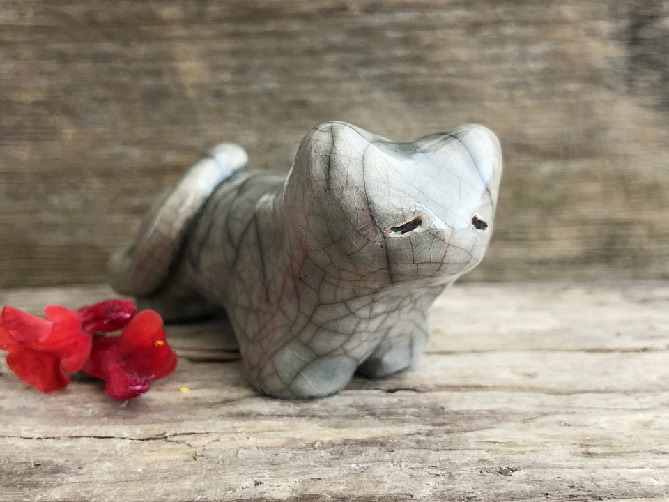 Sweet grey cat kami raku sculpture | Shinto kamidana shrine statue, shamanism, paganism | protector, guardian spirit, totem, kawaii gift