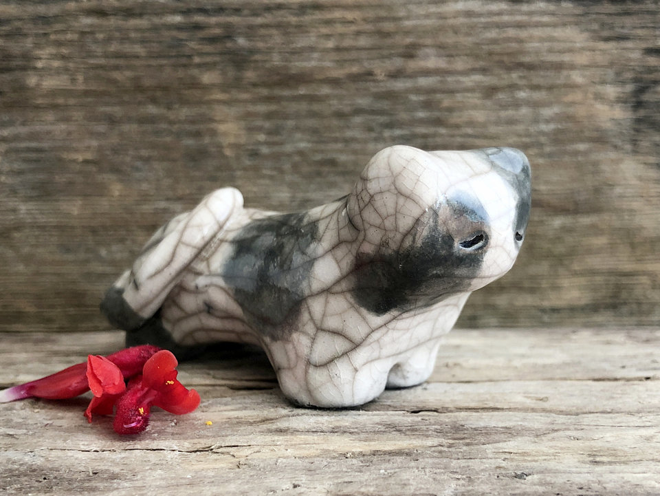 Quiet grey & white cat kami raku sculpture | Shinto kamidana shrine statue, shamanism | protector, guardian spirit, totem, kawaii, gift