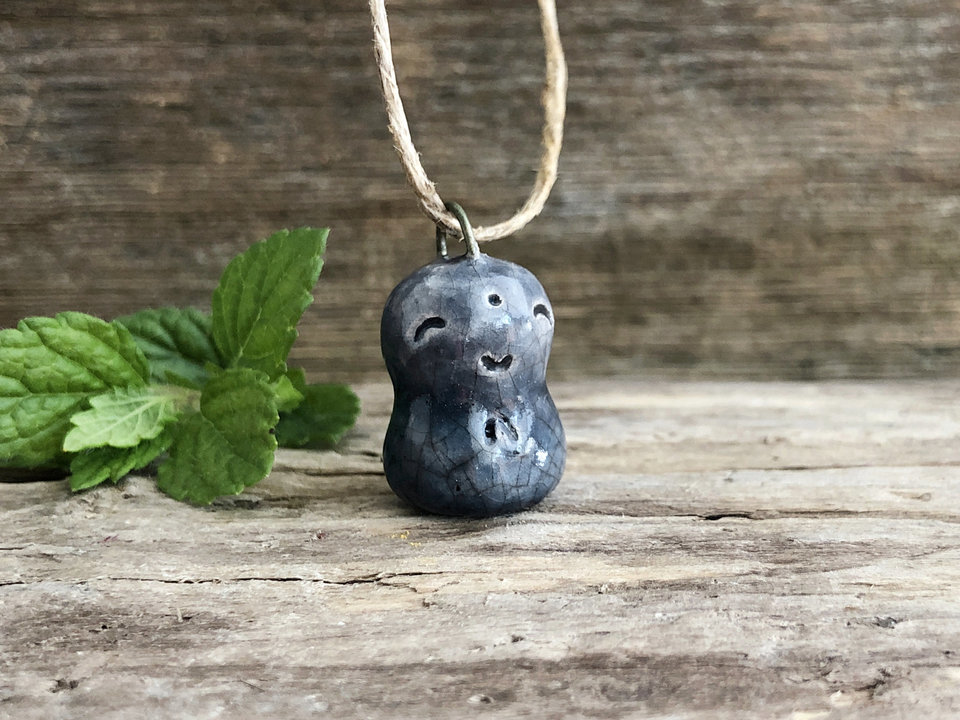Small blue happy Jizo pendant in raku ceramic | adjustable eco flax cord | Shinto guardian spirit, bodhisattva, protection, grief and hope
