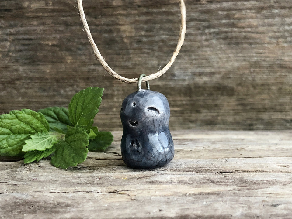 Small blue happy Jizo pendant in raku ceramic | adjustable eco flax cord | Shinto guardian spirit, bodhisattva, protection, grief and hope