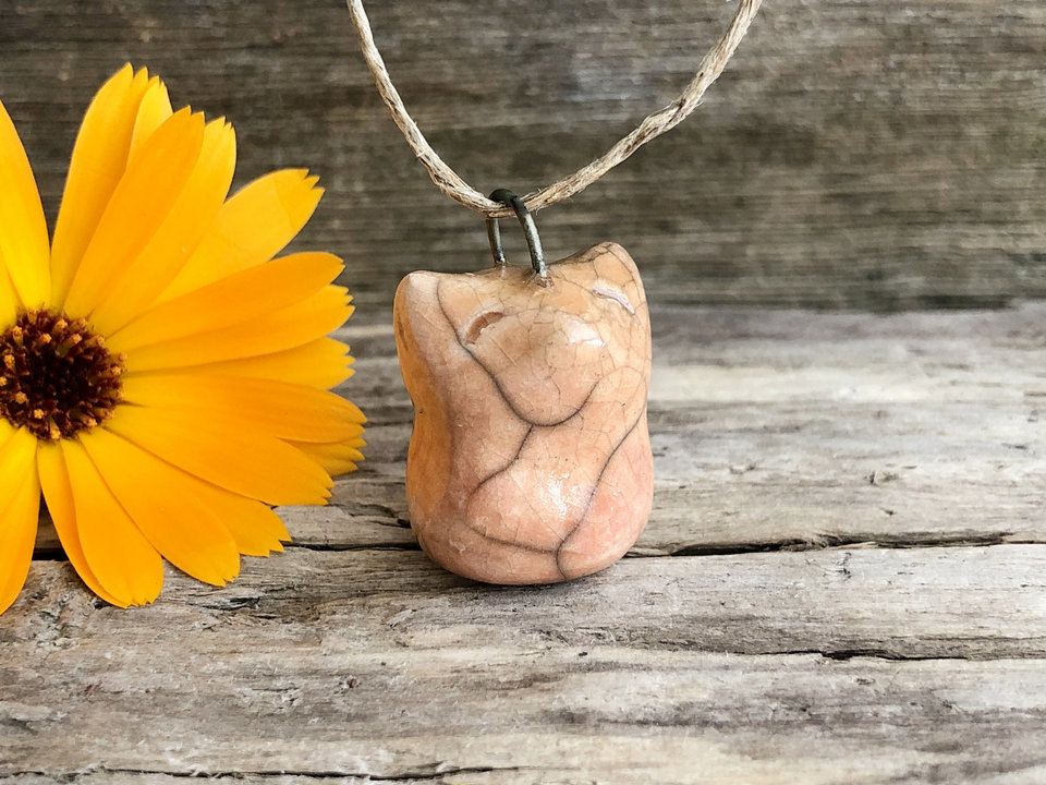 Happy kitsune fox kami pendant in raku ceramic | adjustable eco flax cord | Shinto Inari, shamanism, guardian spirit, fox totem animal guide