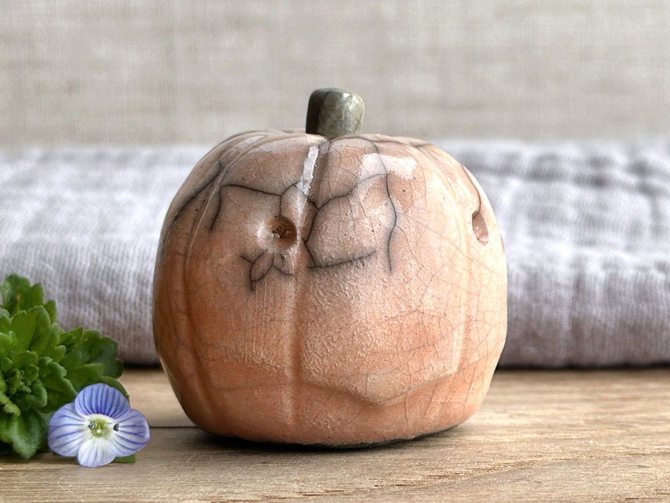 Uncertain pumpkin guardian spirit sculpture for Halloween, Samhain, autumn, fall