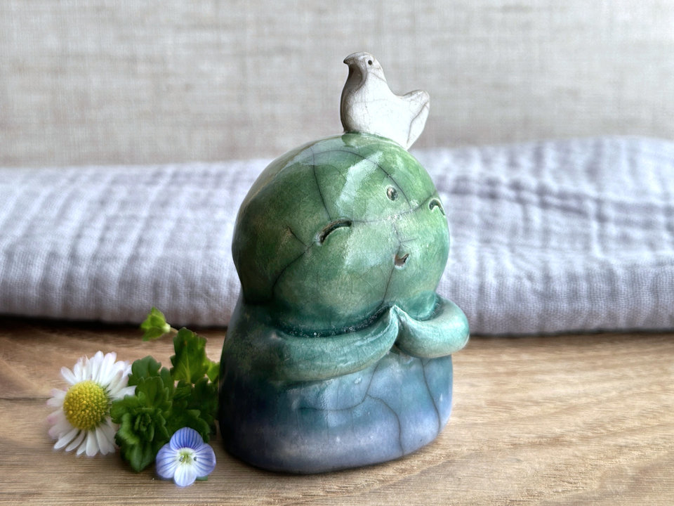 Happy peace Jizo with bird friend raku sculpture | shamanism totem, Shinto shrine