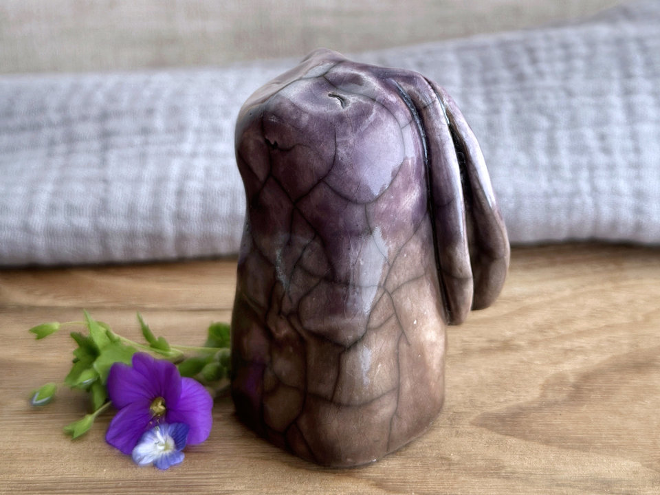 Quiet woodland rabbit kami spirit guardian sculpture | Shinto shamanism raku bunny