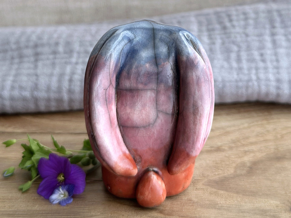 Gentle dawn rabbit kami spirit guardian sculpture | Shinto shamanism raku bunny figure