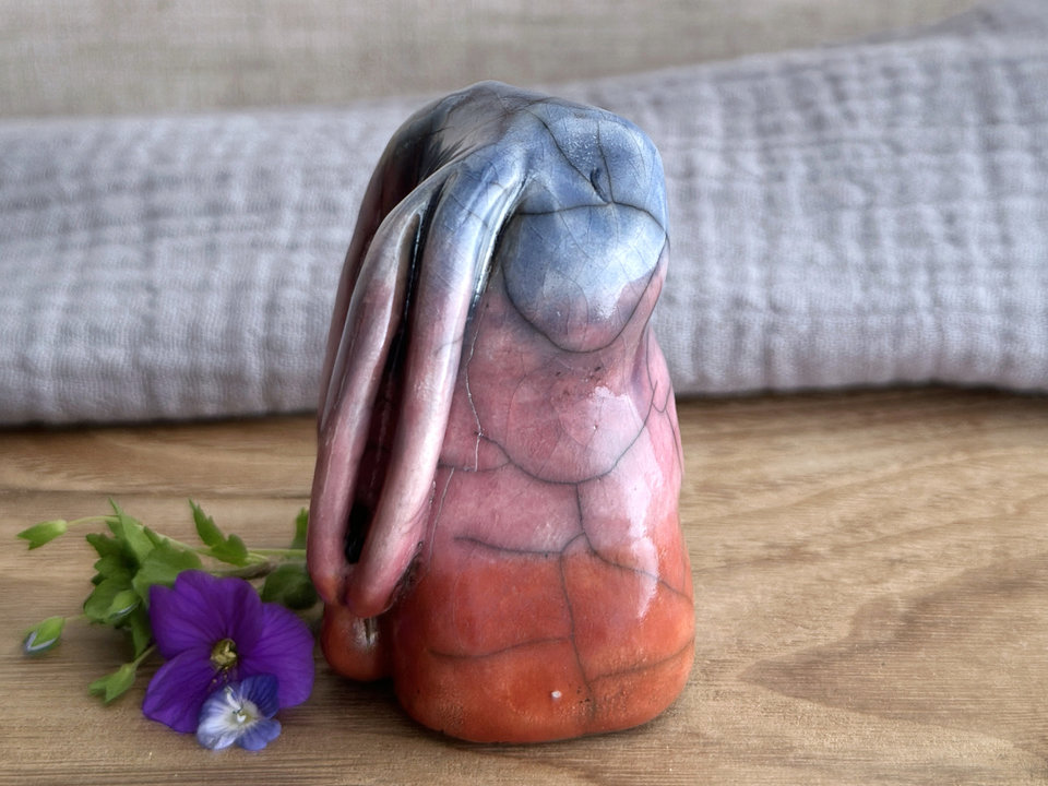 Gentle dawn rabbit kami spirit guardian sculpture | Shinto shamanism raku bunny figure