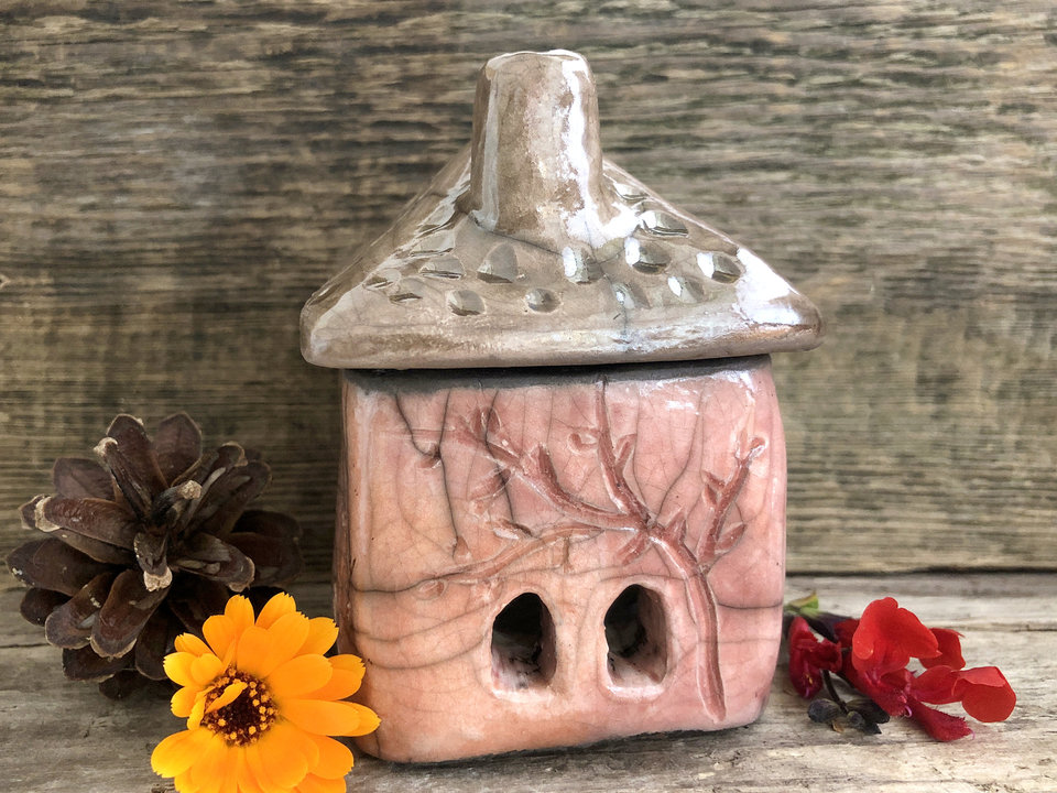 Autumn cottage, raku spirit house, kurinuki ceramic | Shinto, pagan, shamanism | magical, fairycore, cottagecore, rustic aesthetic, incense burner