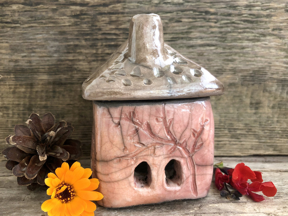 Autumn cottage, raku spirit house, kurinuki ceramic | Shinto, pagan, shamanism | magical, fairycore, cottagecore, rustic aesthetic, incense