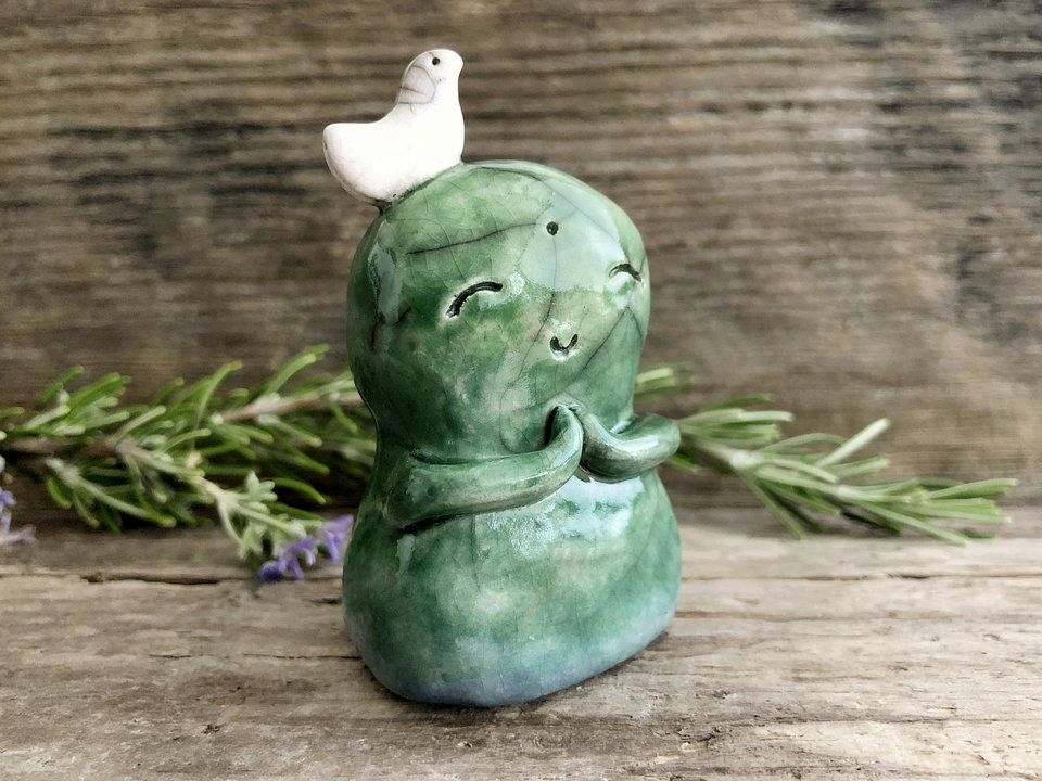 Happy Jizo peace hug with bird | raku ceramic Shinto kamidana shrine sculpture | protection, guardian, grief and loss, friend statue