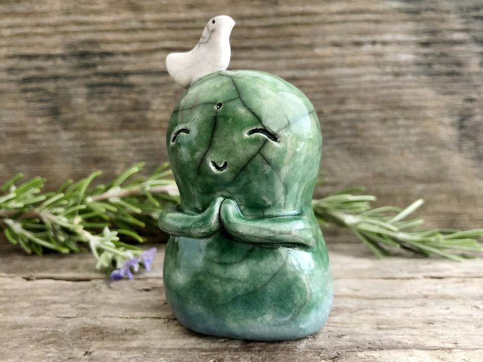 Happy Jizo peace hug with bird | raku ceramic Shinto kamidana shrine sculpture | protection, guardian, grief and loss, friend statue
