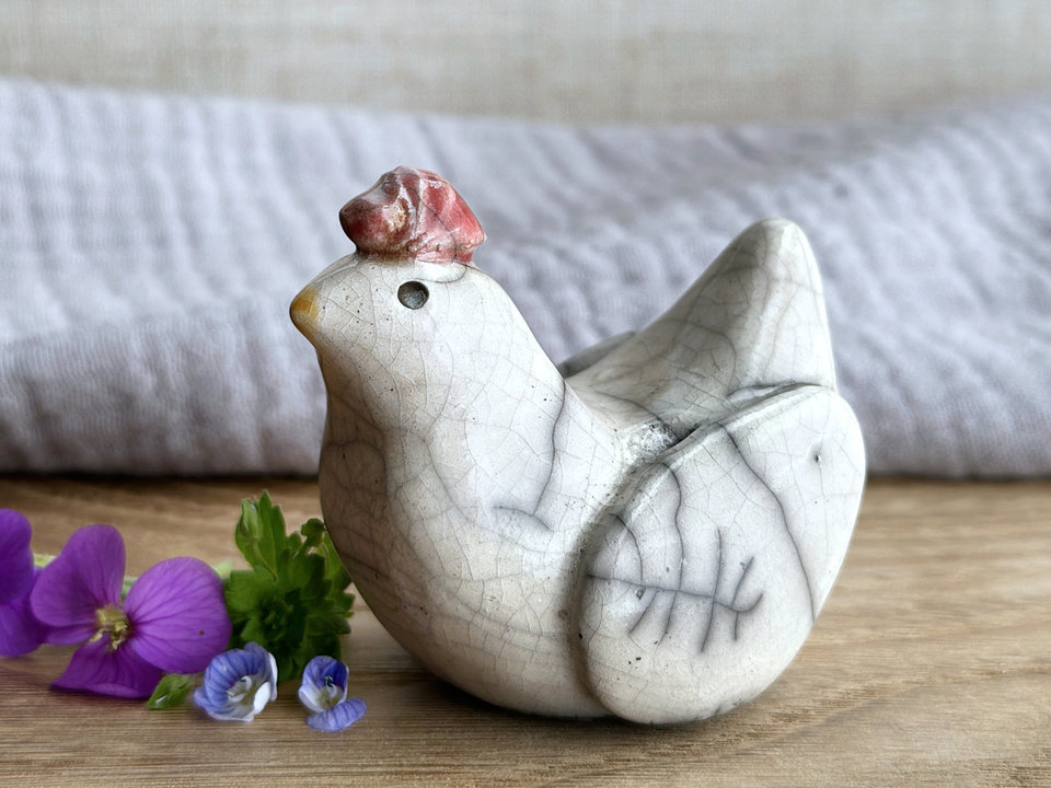 Gently expectant chicken friend raku sculpture | Shinto guardian, shamanism totem statue