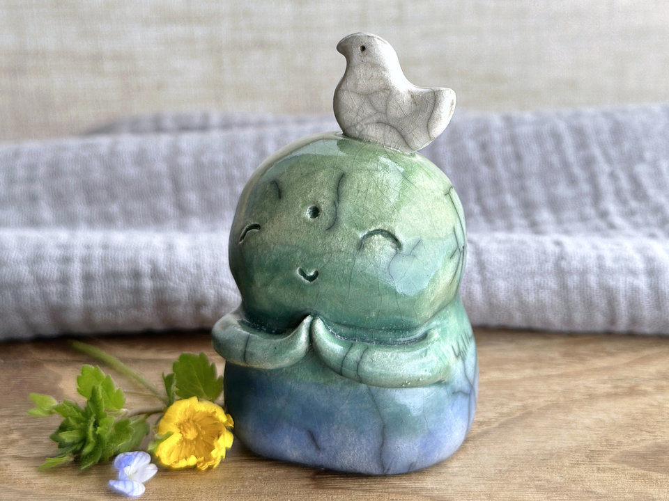 Happy peace Jizo with bird friend sculpture | raku shamanism totem, Shinto shrine