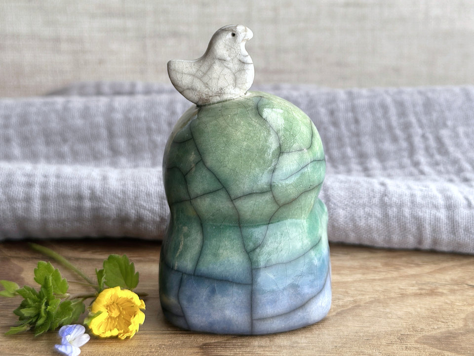 Happy peace Jizo with bird friend sculpture | raku shamanism totem, Shinto shrine