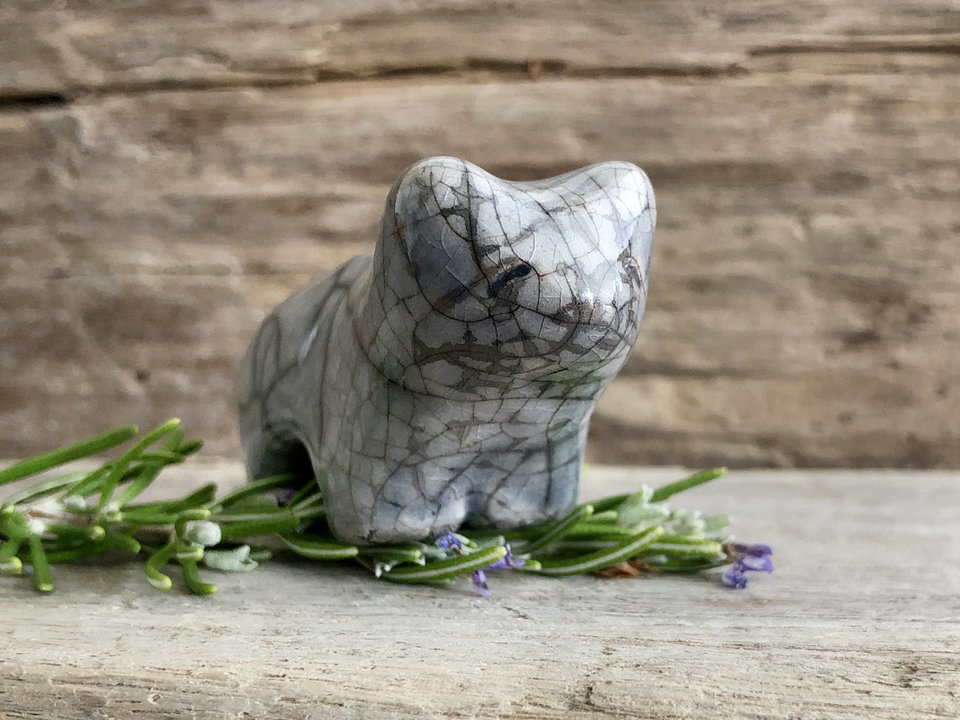 Ceramic raku bear kami sculpture glazed in pale grey-blue with amazing raku crackle patterns. He has a kind, gentle face.