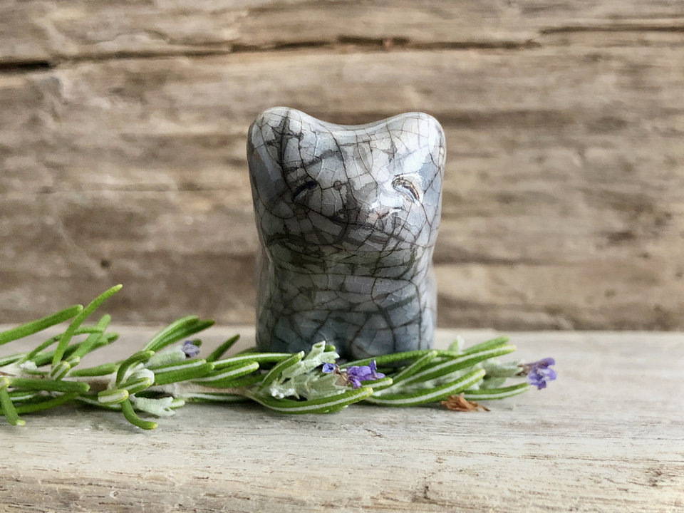 Cloud bear guardian nature spirit raku statue | Shinto kamidana shrine, shamanism, pagan | animal guide sculpture, protector, comfort totem