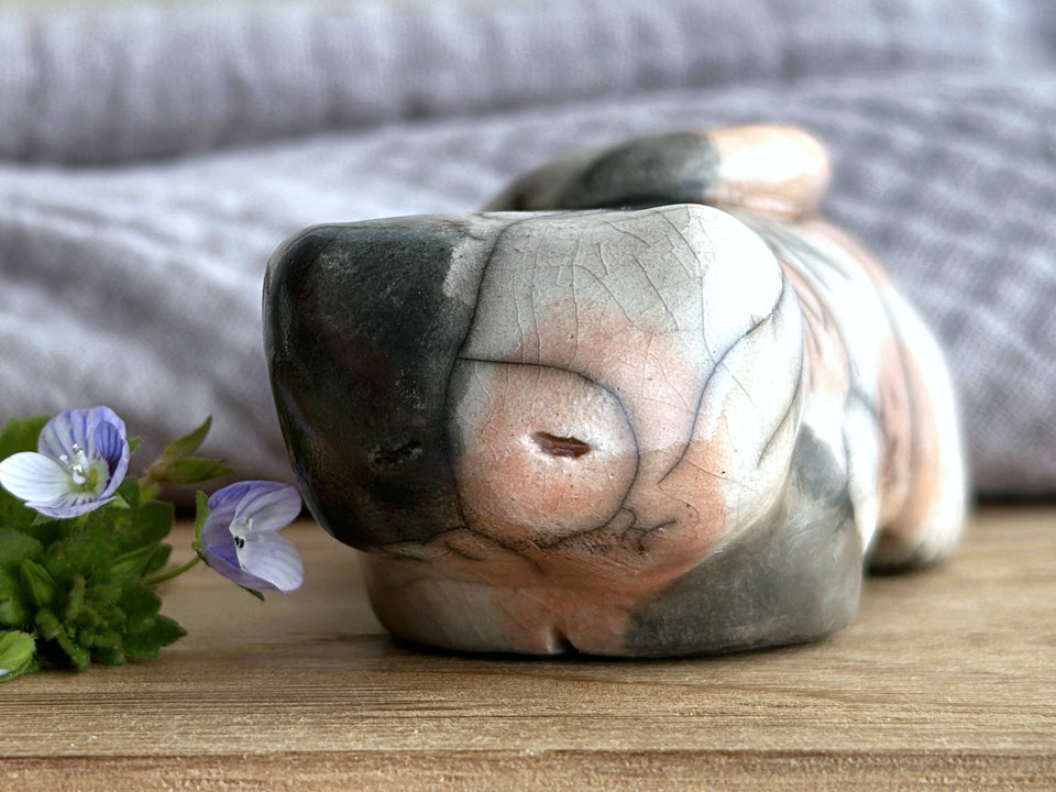 Sleepy calico cat kami sculpture | nature spirit guardian figure, Shinto, shamanism