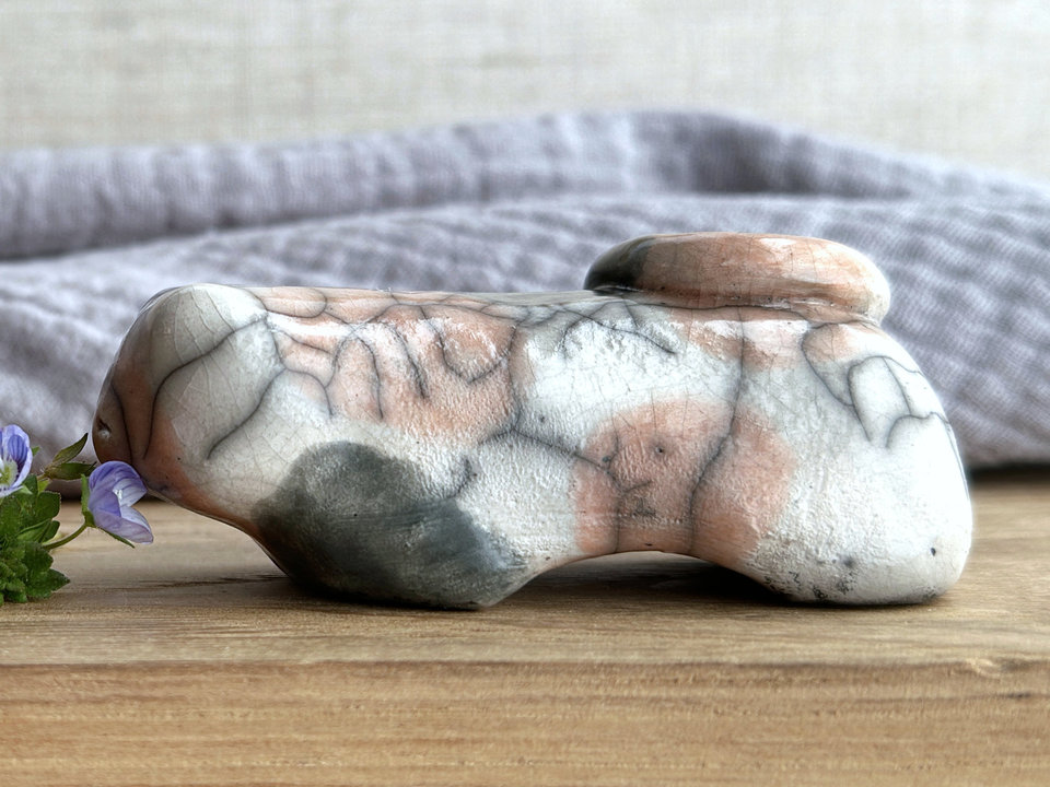 Sleepy calico cat kami sculpture | nature spirit guardian figure, Shinto, shamanism