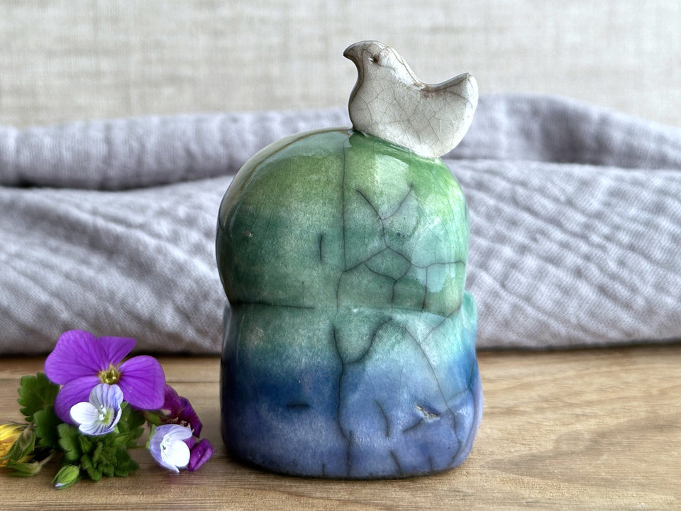 Happy peace Jizo with bird friend sculpture | raku shamanism totem, Shinto shrine