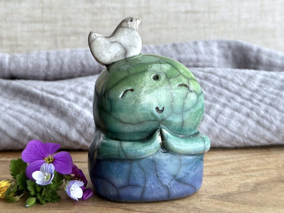 Happy peace Jizo with bird friend sculpture | raku shamanism totem, Shinto shrine