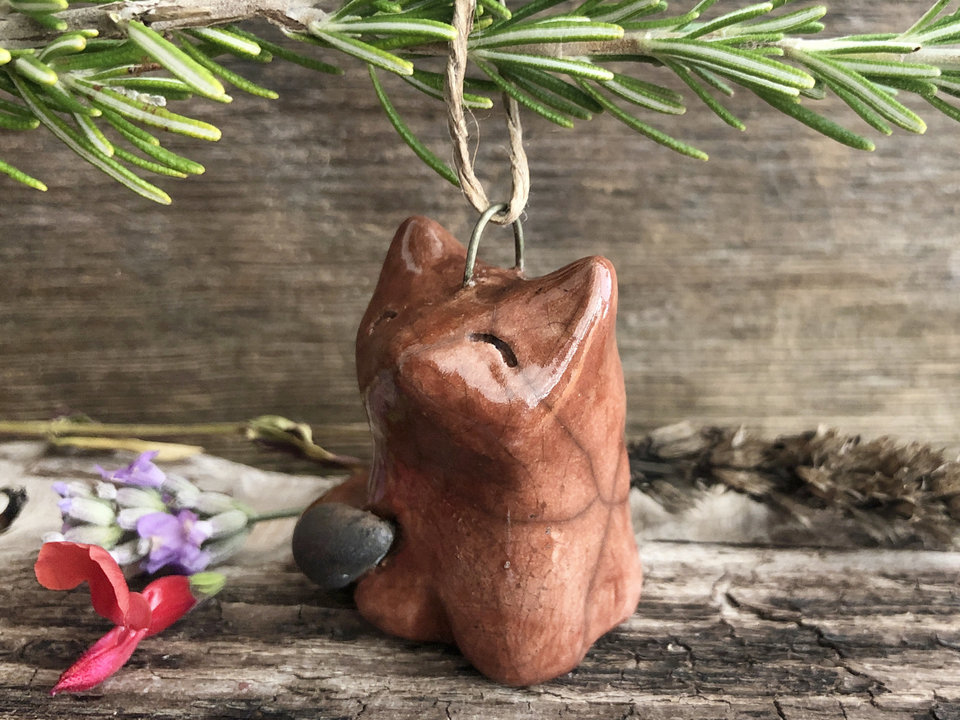 Kitsune fox spirit raku tree ornament decoration | Christmas, Winter Solstice, spiritual holiday gift | Shinto guardian, Inari, forestcore