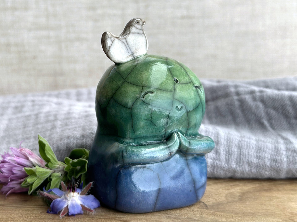 Happy peace Jizo with bird friend sculpture | raku shamanism totem, Shinto shrine