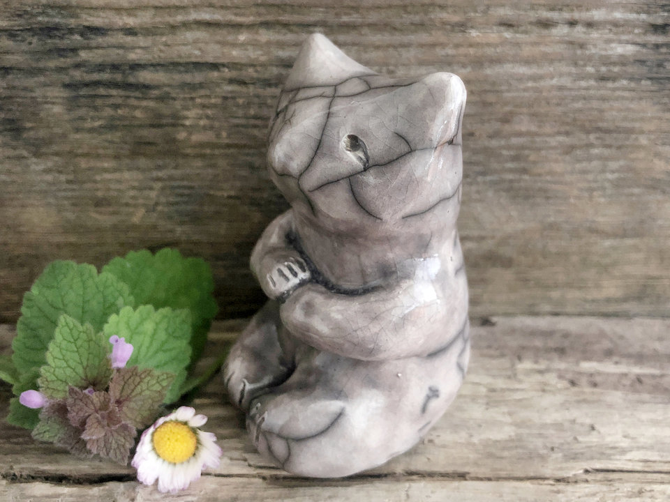 Gentle kitsune fox kami nature spirit raku sculpture | Shinto kamidana shrine statue Inari Okami | shamanism totem, protection, guardian