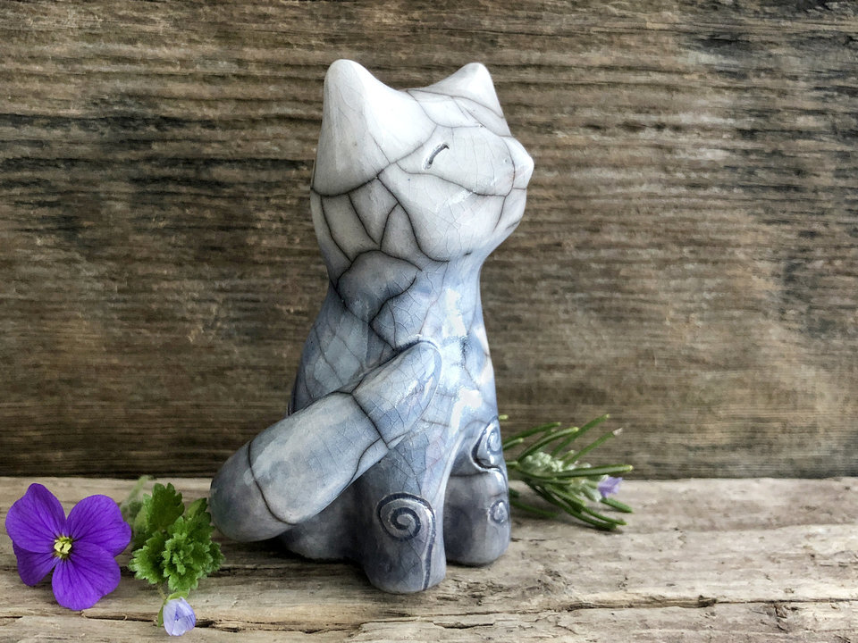 Spiral moon fox kitsune kami spirit raku sculpture | Shinto kamidana shrine statue Inari | shamanism, guardian, pagan celtic folk art