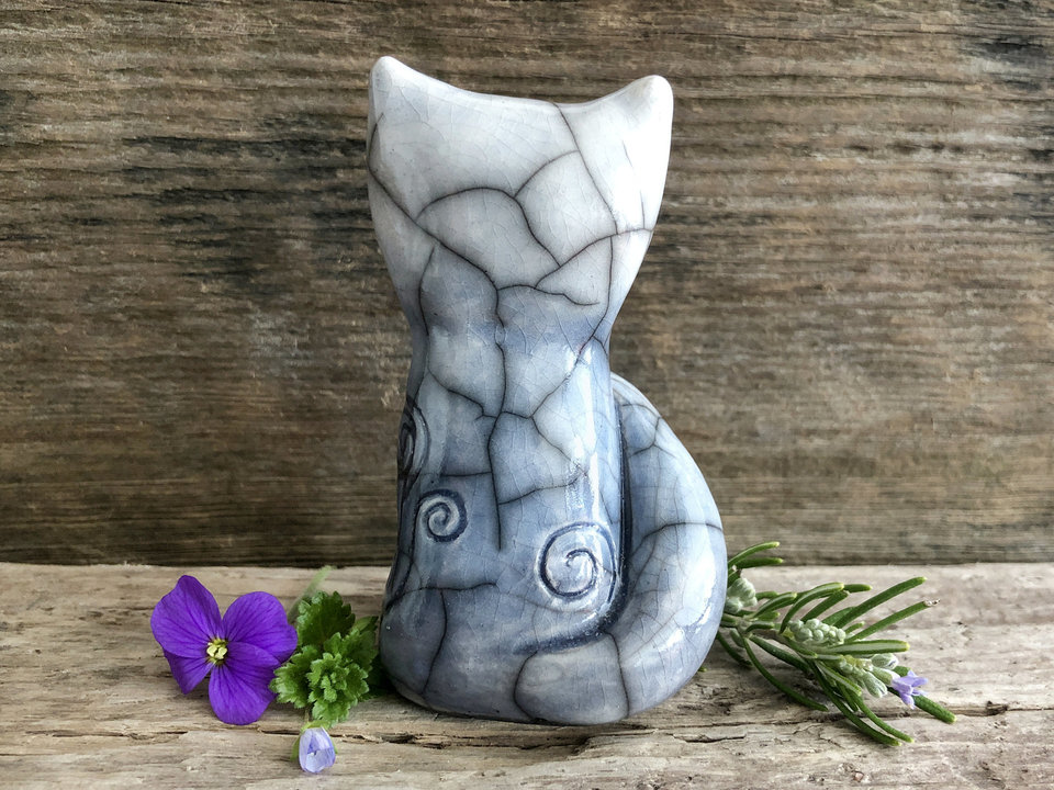 Spiral moon fox kitsune kami spirit raku sculpture | Shinto kamidana shrine statue Inari | shamanism, guardian, pagan celtic folk art